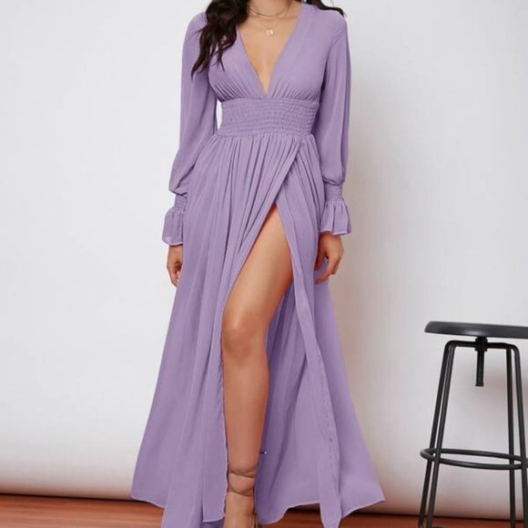 Boho purple shirred waist wrap hem maxi dress - Picture 5 of 10